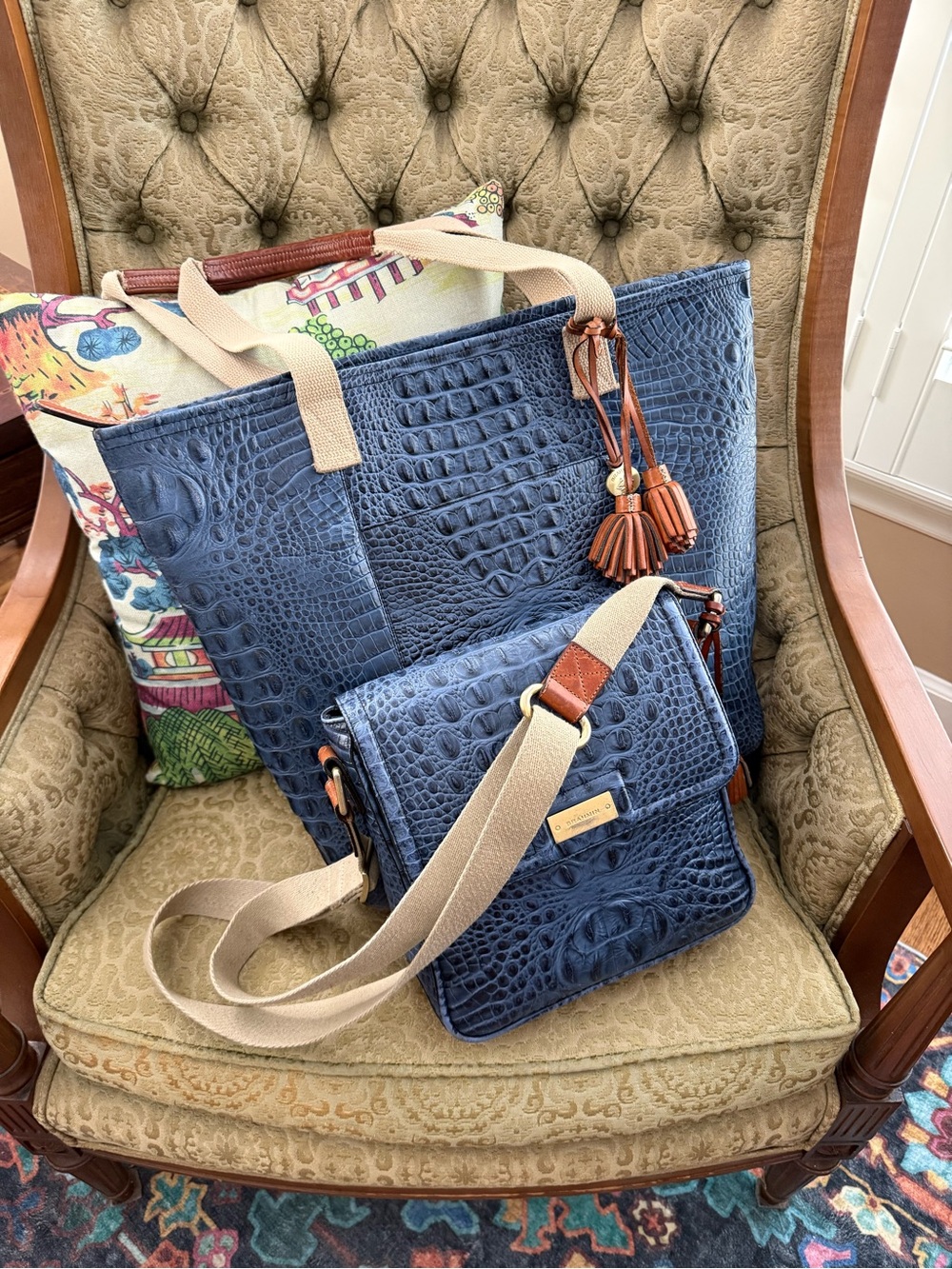 Vintage Brahmin Navy Croc-Embossed Leather Tote with Crossbody Set- Tassel